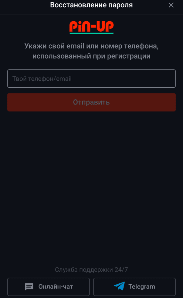 Форма відновлення пароля на сайті PinUp для скидання доступу до акаунта, підтвердження особи та повторного входу на платформу